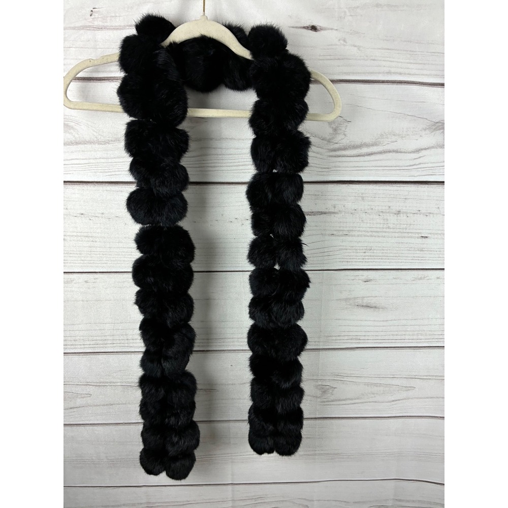 Genuine Rabbit Fur Pom Pom Scarf Black Long Winter Accessory Luxury Coquette
